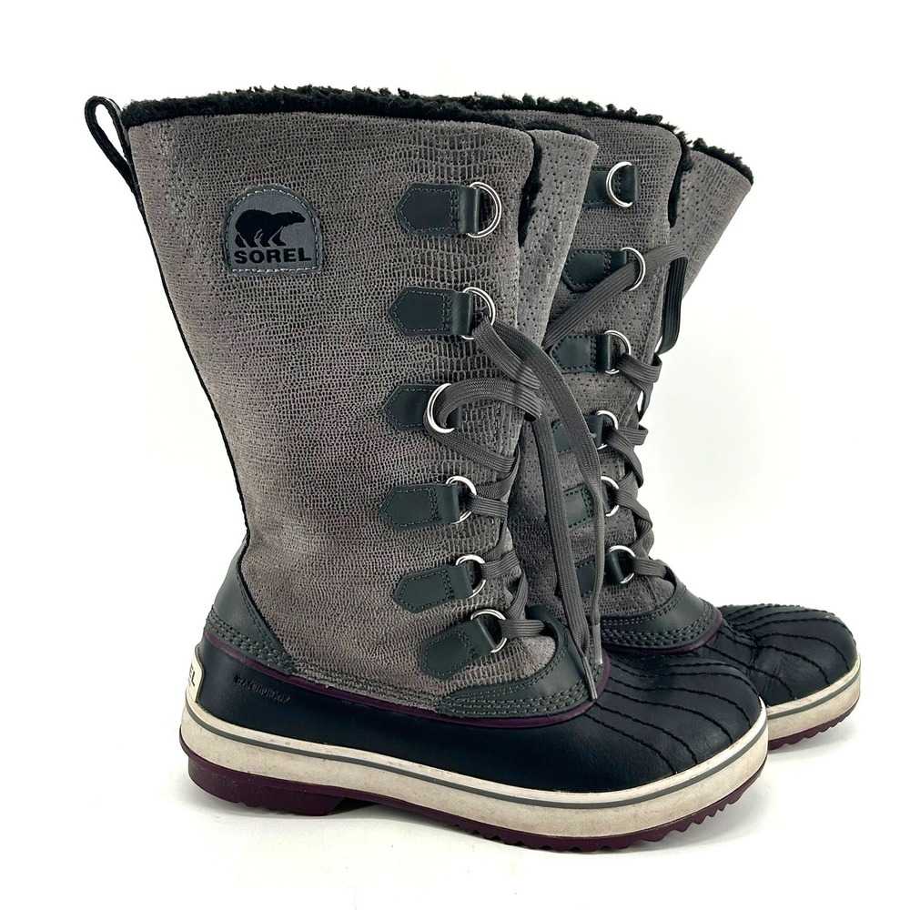 Sorel Tivoli Waterproof Winter Boots Calf Length Lined Grey Snakeskin Womens 7.5